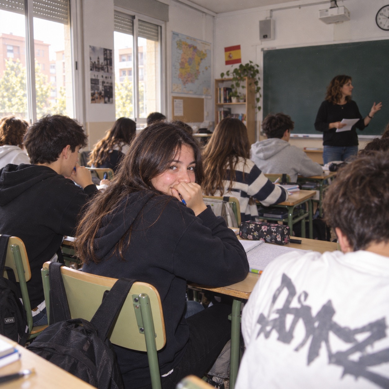 Teenagers at their desks in a Spanish secondary school classroom, one smiling at the camera while the teacher stands at the board